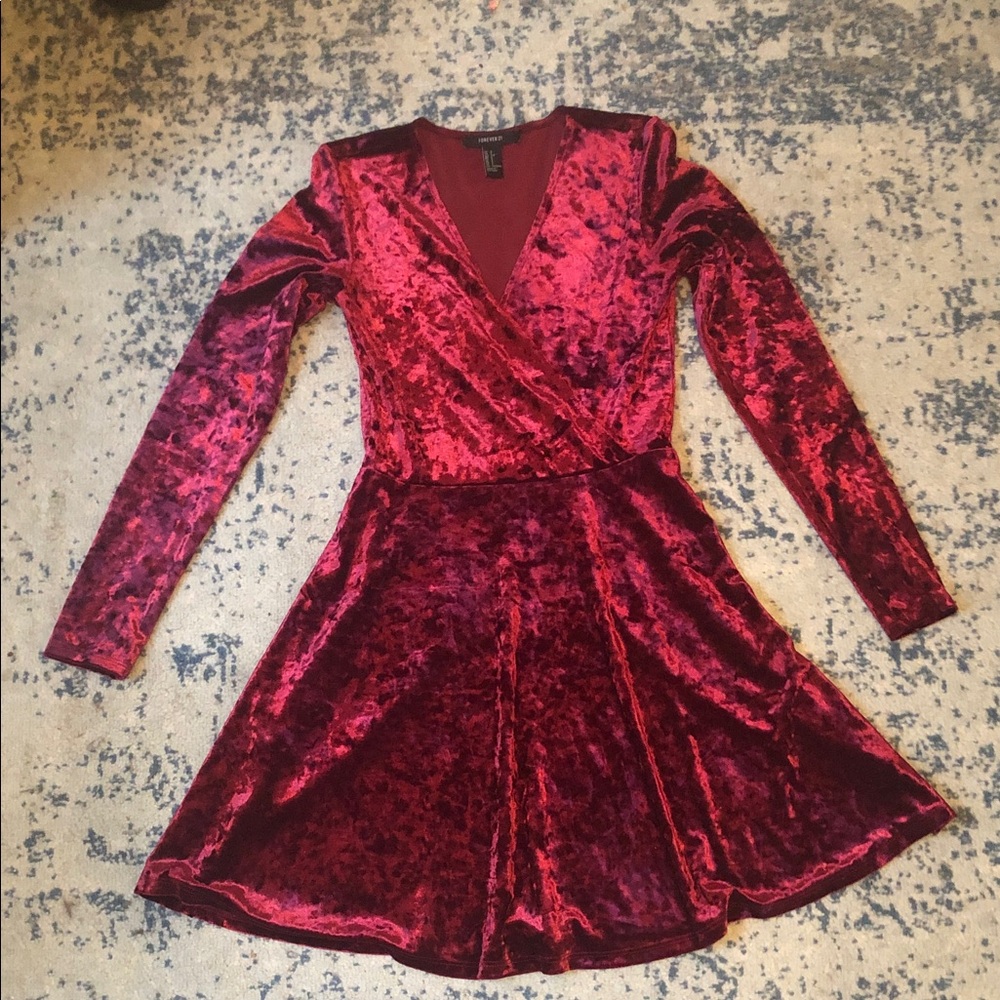 Crushed Velvet Faux Wrap-Style Dress in Rich Wine Red